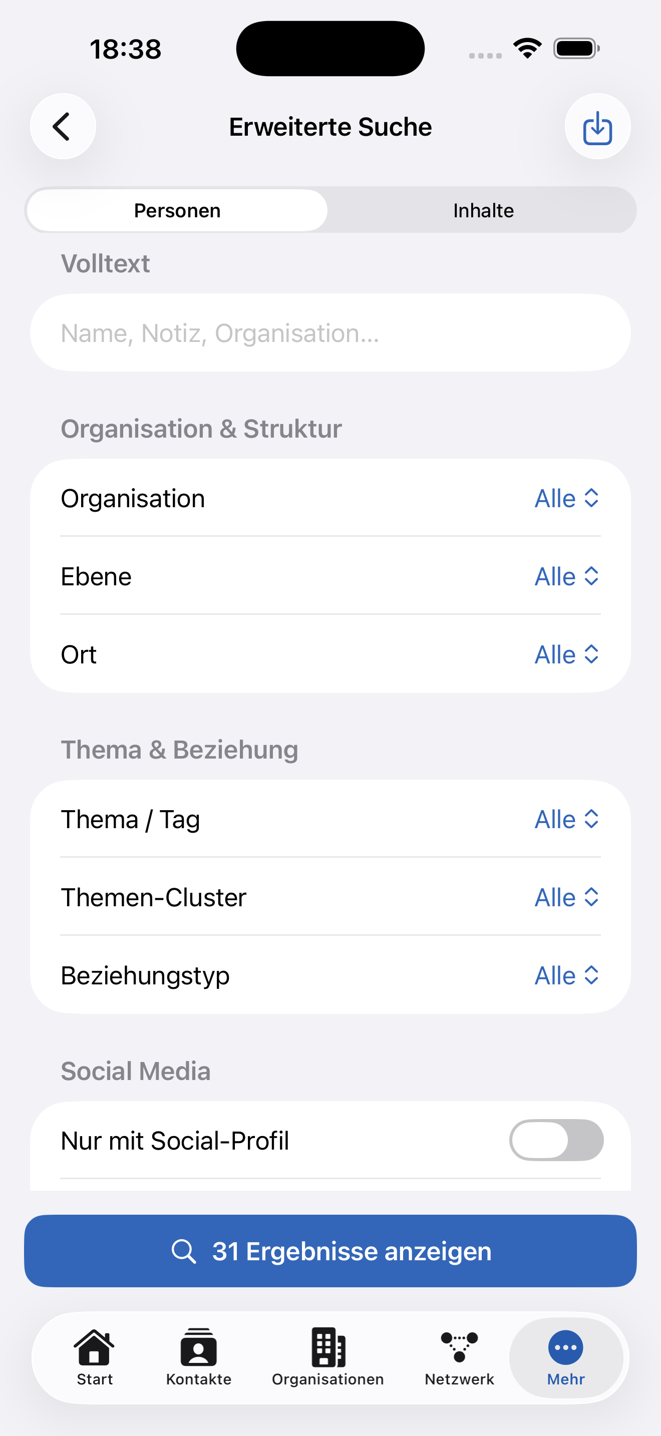 Erweiterte Suche mit Filtern und Duplikat-Hinweisen